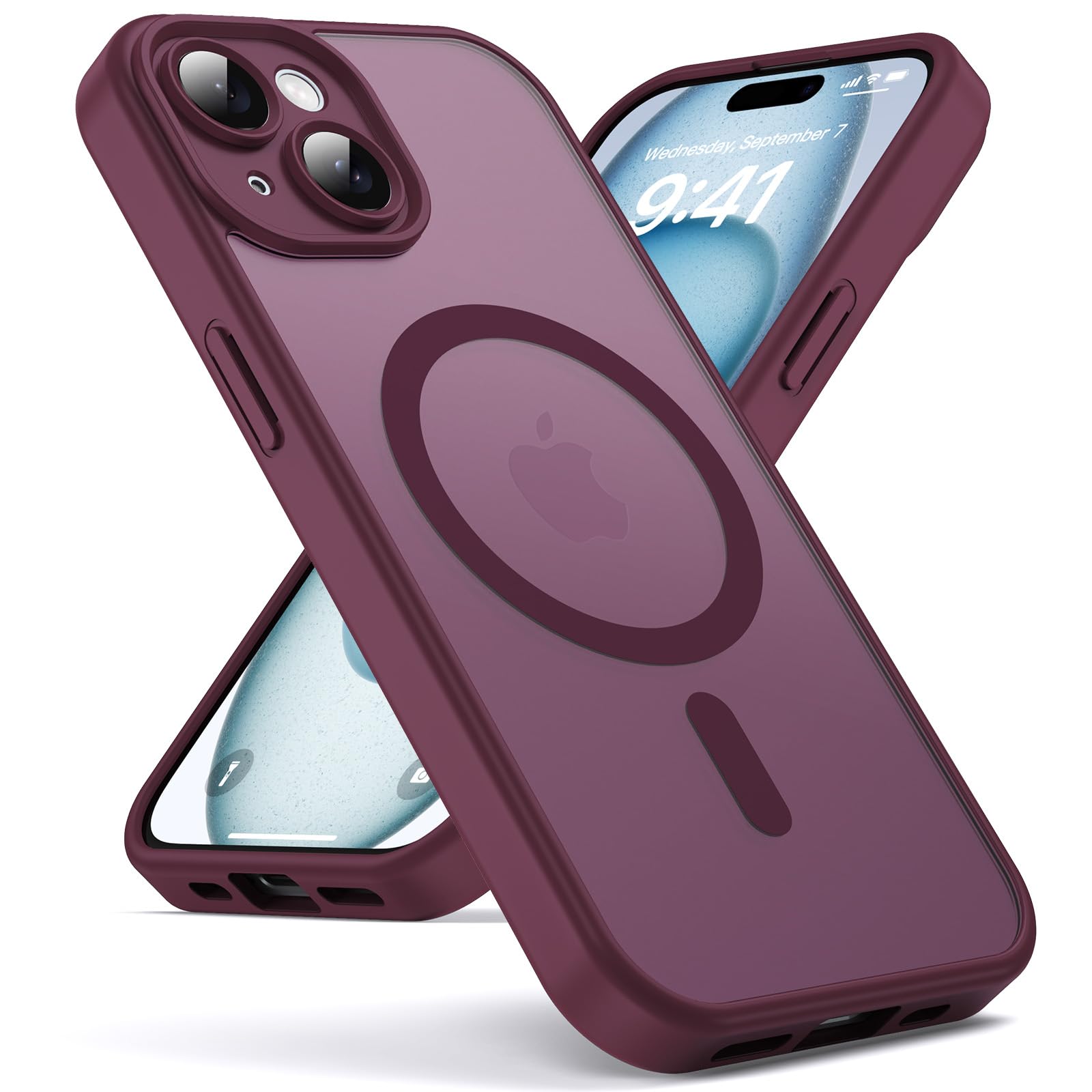 Oududianzi - Cover per iPhone 15 Compatibile con MagSafe, Custodia Traslucida Posteriore PC Silicone TPU Bumper, Protezione Della Fotocamera, Cover Militare Antiurto Anti-Impronte - Bordeaux