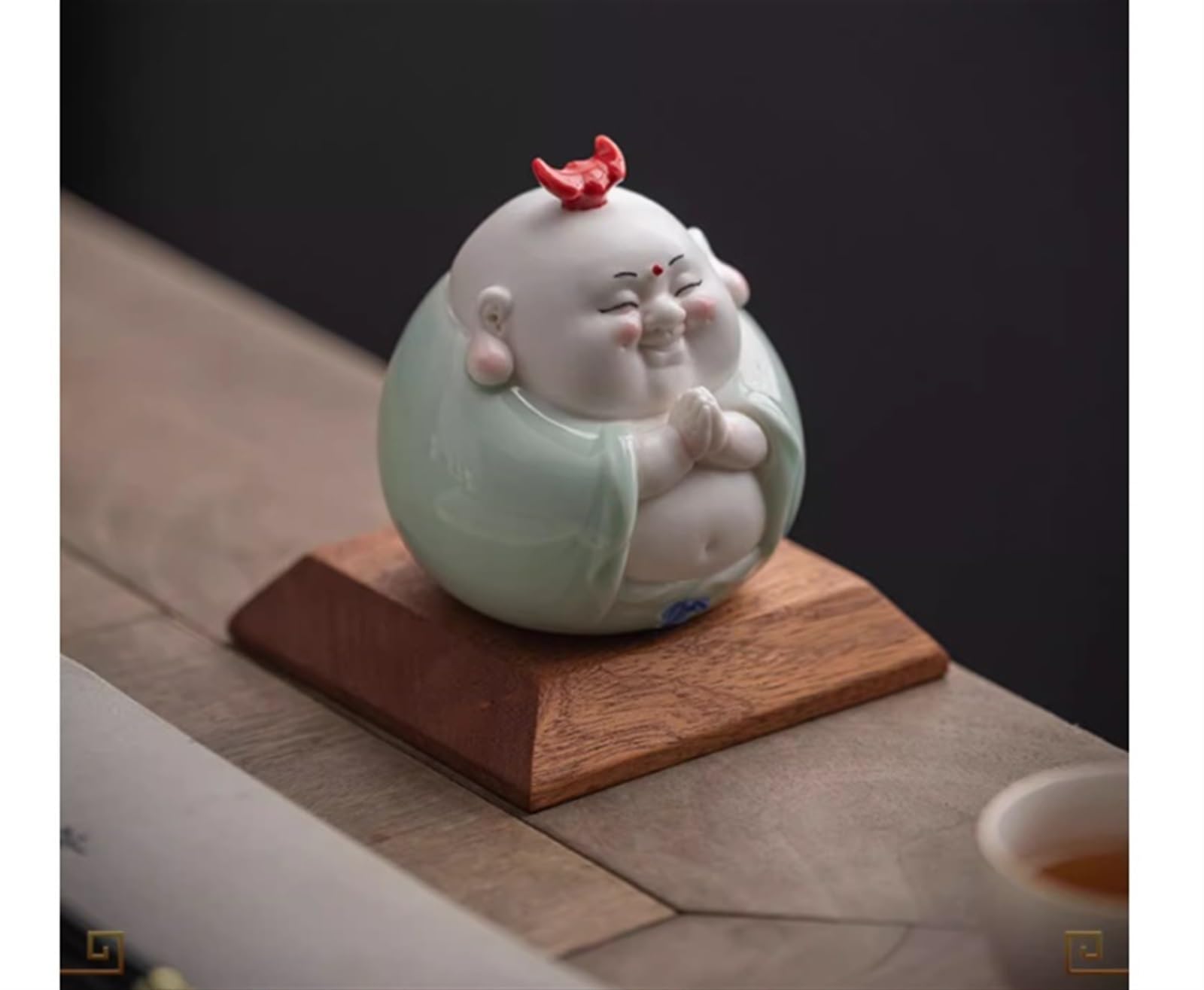 Figura Buda,Resistente Intemperie, Estatua De Buda 4,1 Pulgadas con Base Madera, Sonriente Gran Barriga para Decoración del Hogar, Sala Estar Y Coche Feng Shui