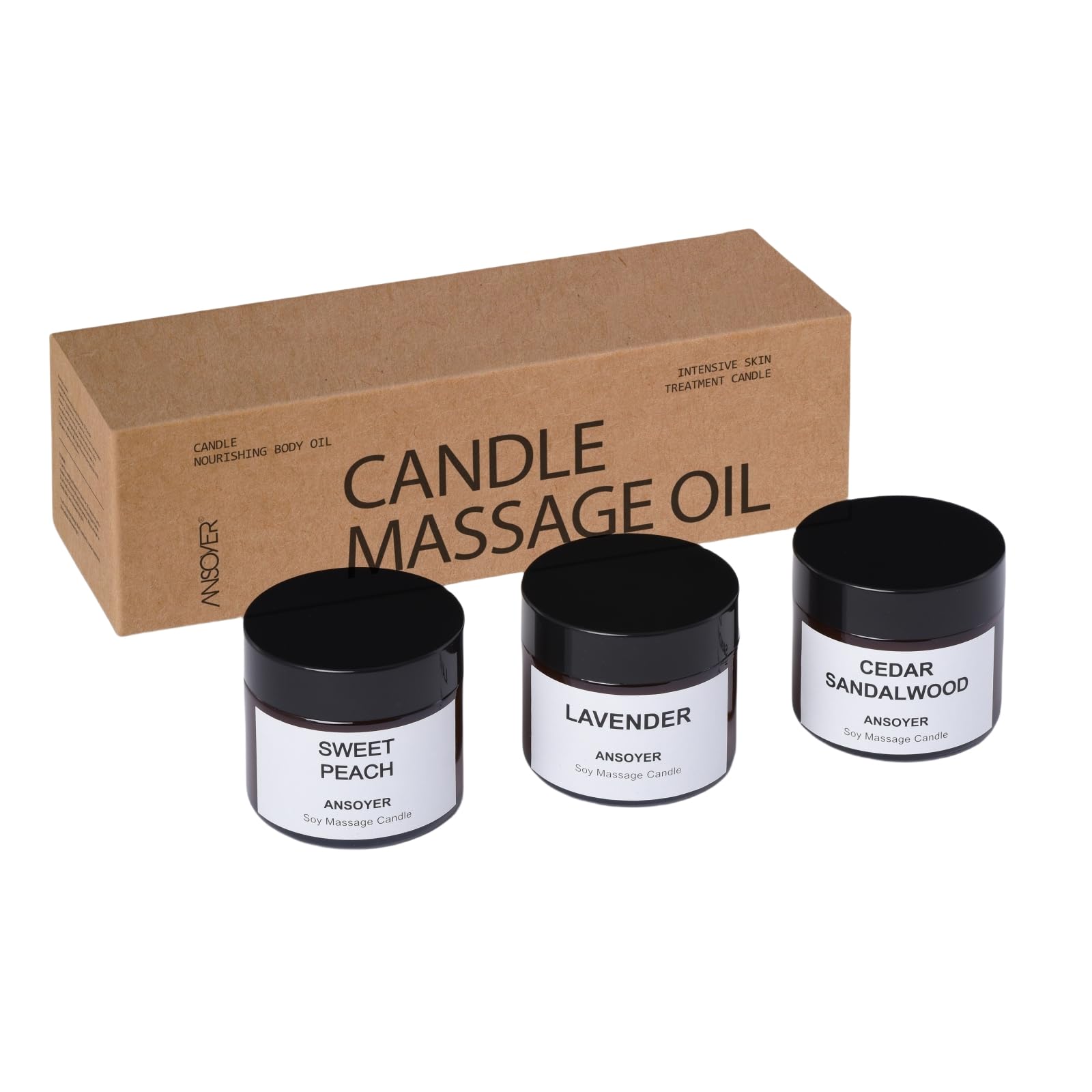 Kit de 3 Velas de Masaje Aromático 150g: Velas de Aceite Corporal de Baja Temperatura para Relajación y Aromaterapia | Set de Regalo (DULCE MELOCOTÓN+Lavanda+CEDRO & SÁNDALO)