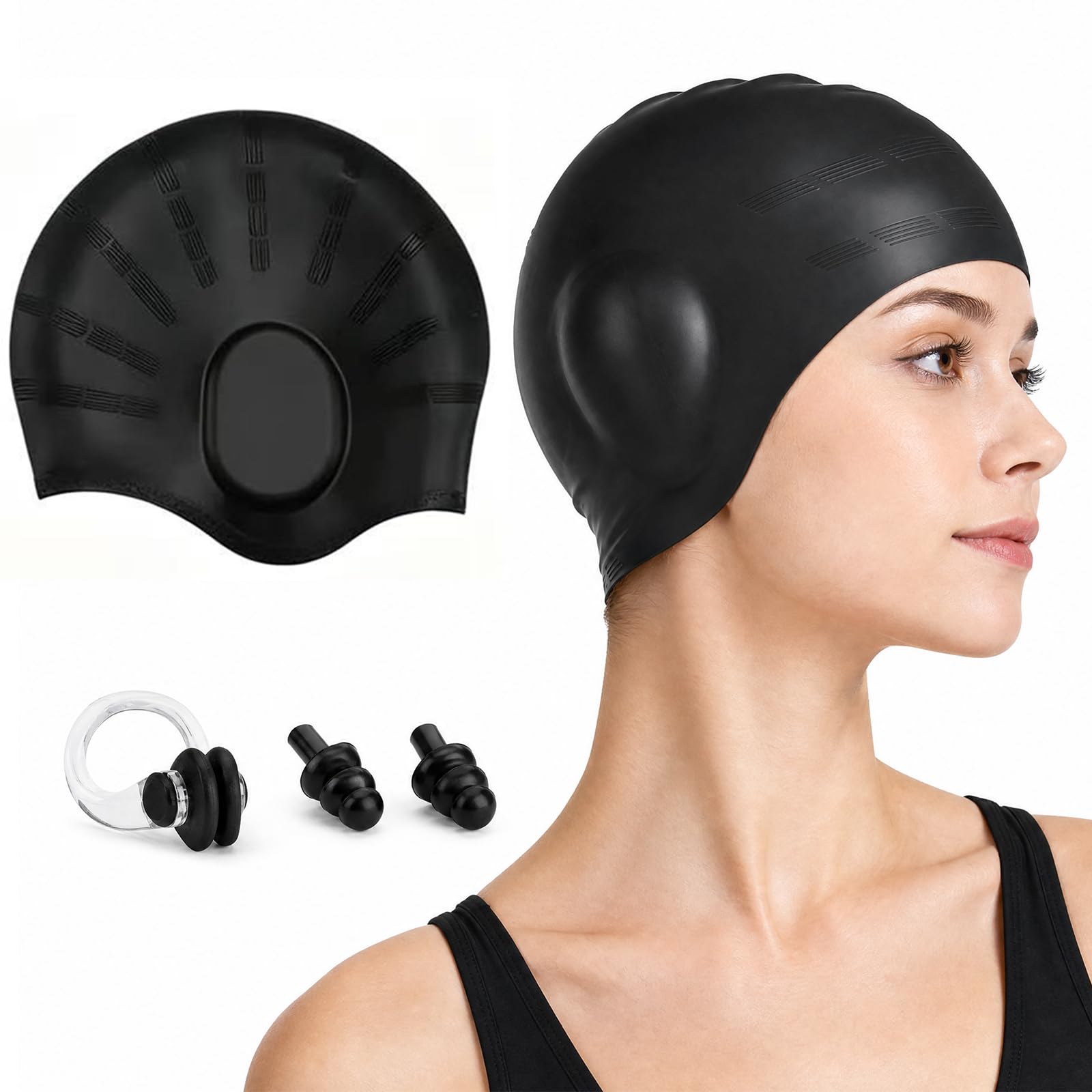 Silicone Swimming Cap with 3D Ear Protection, Anti-Slip Swimming Hat, Swim Hat for Long & Short Hair, Waterproof Swimmings Cap for Women Men & Youth, for Pool Training Sports Recreational Swimmings