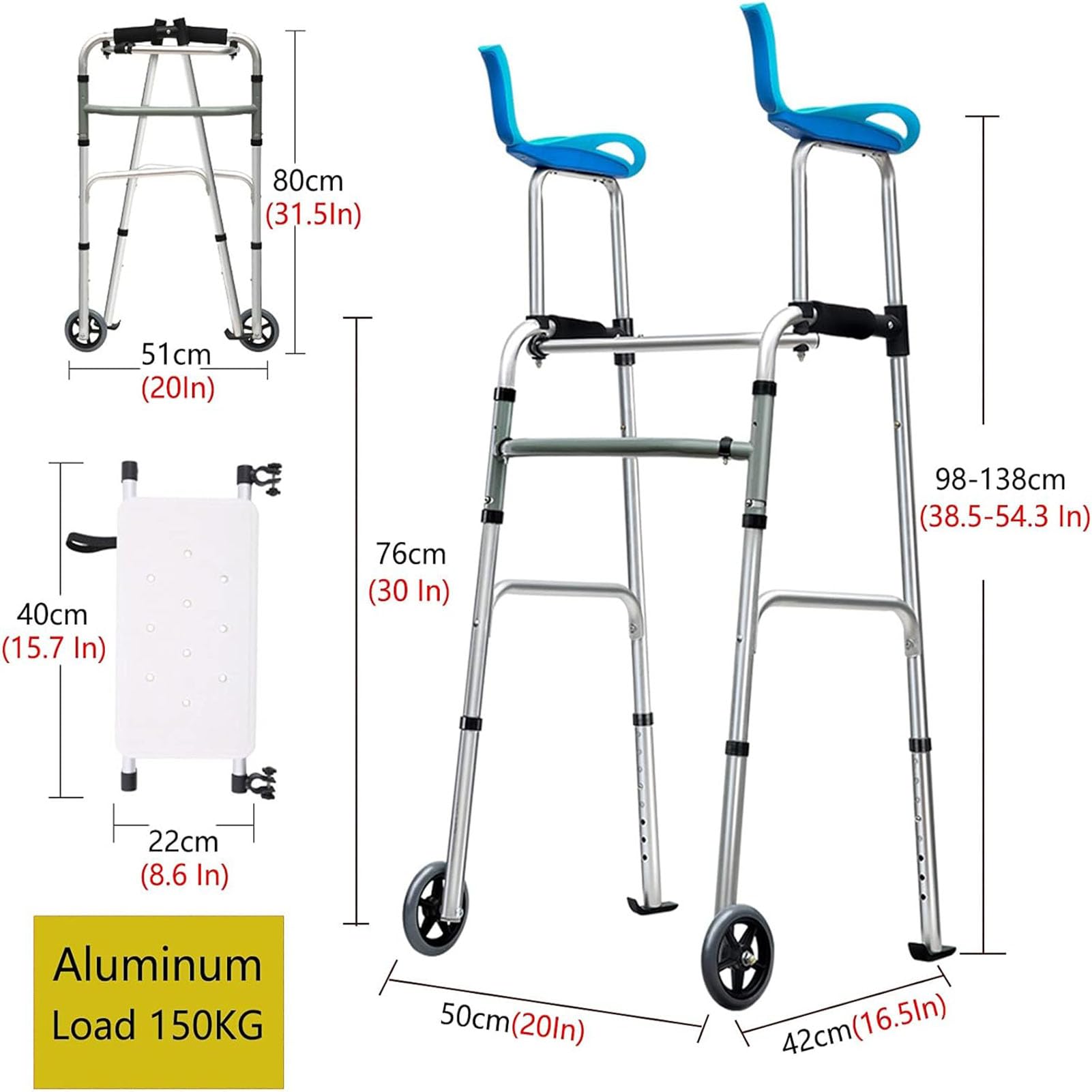 Andador Plegable con Reposabrazos Extraíbles, Andador Vertical para Ancianos De Aluminio Plegable, Soporte para Antebrazo/Adultos, Altura Ajustable Regulable En Altura, Ruedas Sólidas