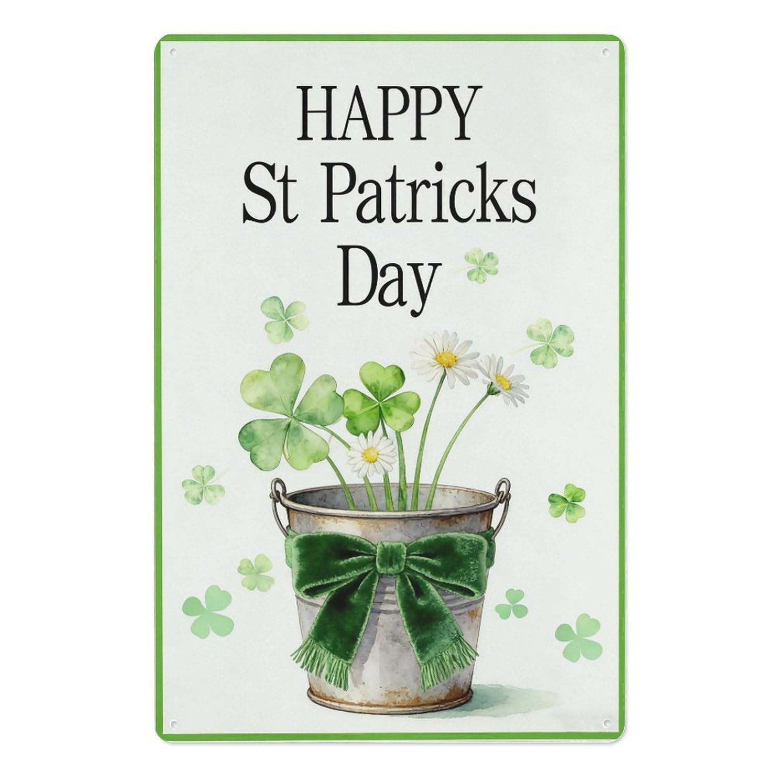 peiyeety St Patrick’s Day Metal Tin Sign 8x12 Inch, Clover Daisy Bucket Green Velvet Bow Pub Bar Wall Decor Plaque, Irish Holiday Wall Art