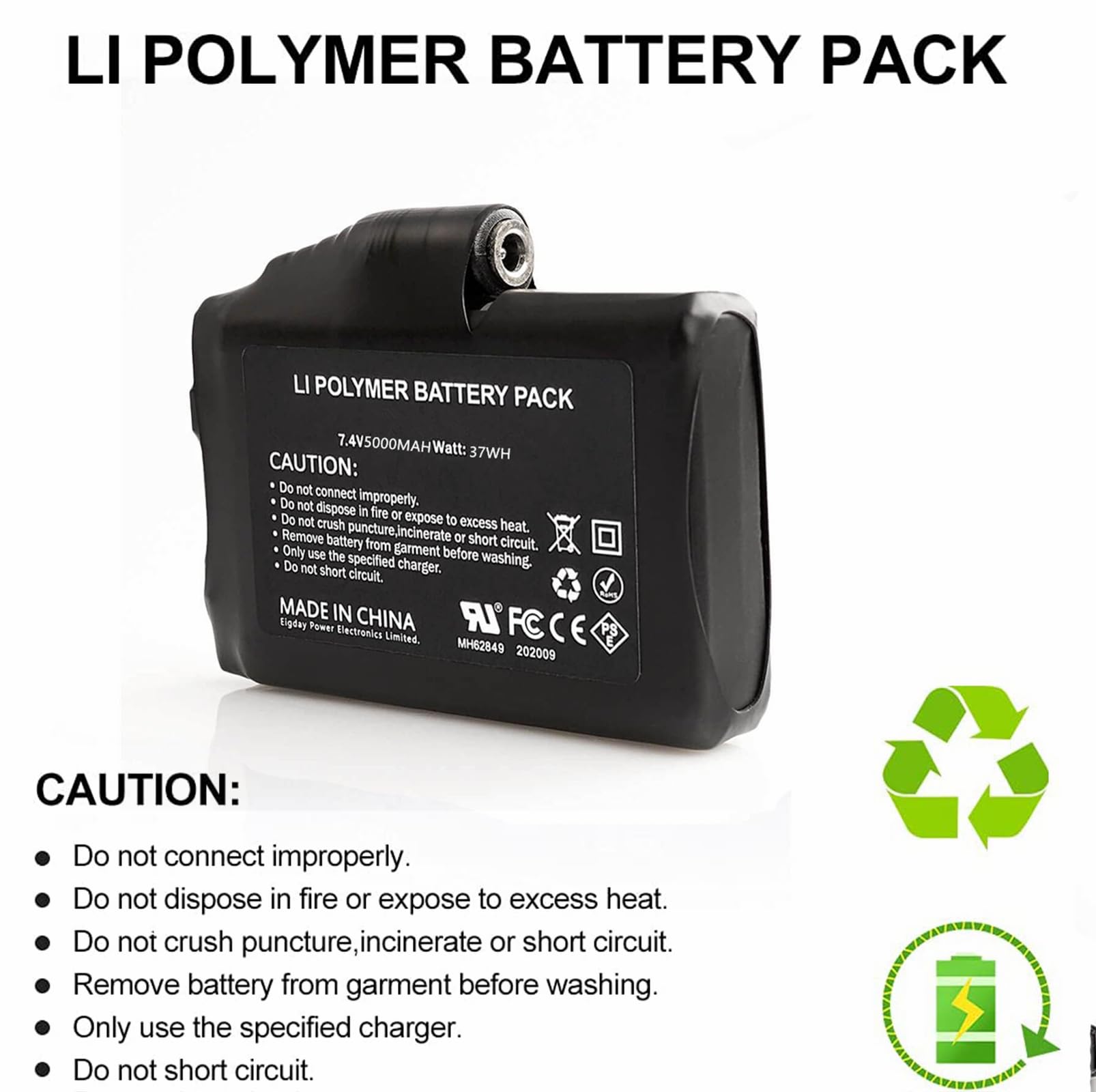 Wiederaufladbarer Akku für beheizbare Kleidung, 7,4 V, 5000 mAh Li-Polymer-Akku als Ersatz für beheizbare Handschuhe, Fäustlinge, Socken, Westen, Jacken, Handwärmer, Stiefel, Mützen und Knieschützer