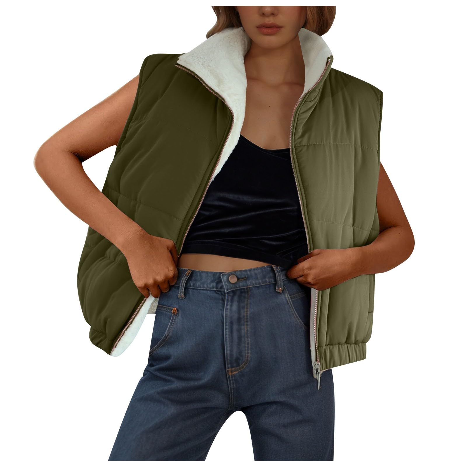Generisch Damen Fleeceweste, Jacke, Warm, Lockere Passform, Weste Mit Reißverschluss, Lässige Oberbekleidung Für Winter, Bequem, Leicht, Weich Gefüttert Ärmellose Weste (Khaki, S