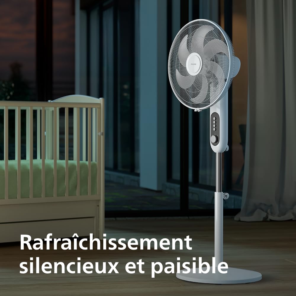 PHILIPS Ventilateur sur pied Série 1000 - Puissant et silencieux, 38 dB, Hauteur réglable, Inclinable et rotatif, Minuterie, Blanc (CX1220/00)