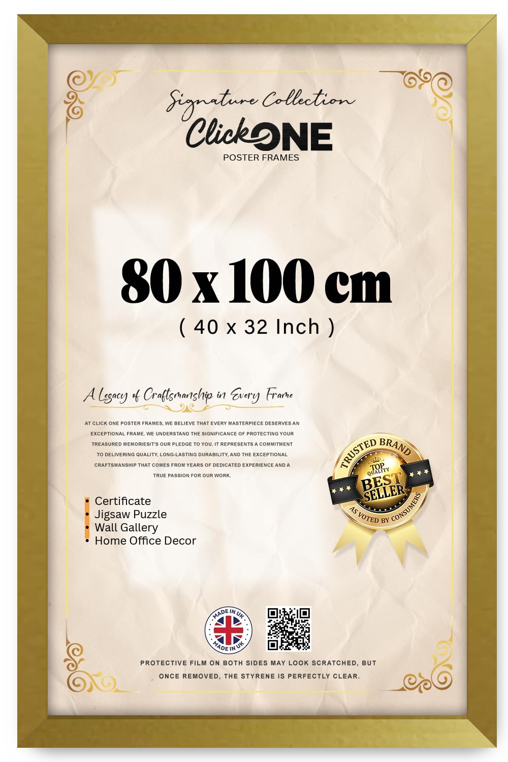 Click One Elegant Rectangle 80 X 100 CM Poster Frame With Crystal Clear Perspex Front 40 X 32 Inch Vertical And Horizontal Display For Homes And Art Galleries Gold With Slim Profile
