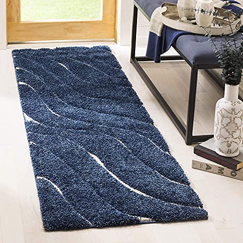 Image of (Pack of 2 Abstract Wavy Design Shaggy Carpet for Living Room, Bedroom, High Low Design Finish Microfiber 1.8 Inch Pile High, 2x6 Feet Runner Dark Blue|Cream Color