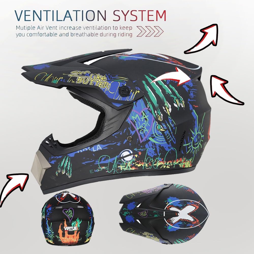 9-14 Ans Unisexe Visage Intégral Casque Motocross, Approuvé par Le Dot, avec Lunettes Gants Masque, Jeunesse Enfants Hors Route Moto Karting Accident Casque