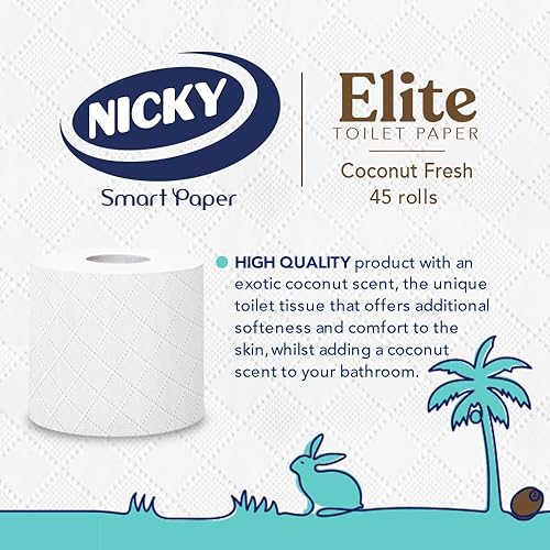 Miniatura 4 de Nicky Elite Coconut Fresh - Papel higiénico con 45 rollos de papel higiénico blanco, 168 hojas por rollo, 3 capas, aroma exótico de coco, suavidad y