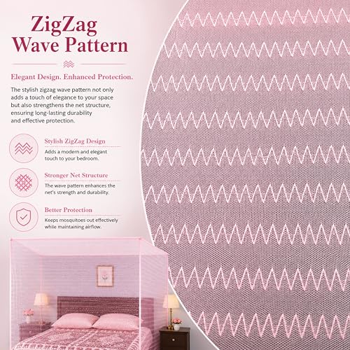 Image of Mosquito Net for King Size Bed & Double Bed (6x7 ft, Wall /Hook Hanging) Poly-Cotton Blend Fabric with Zigzag Wave Line Pattern, Pre-Fitted Bottom & Cotton Ribbon (Pearl Pink)