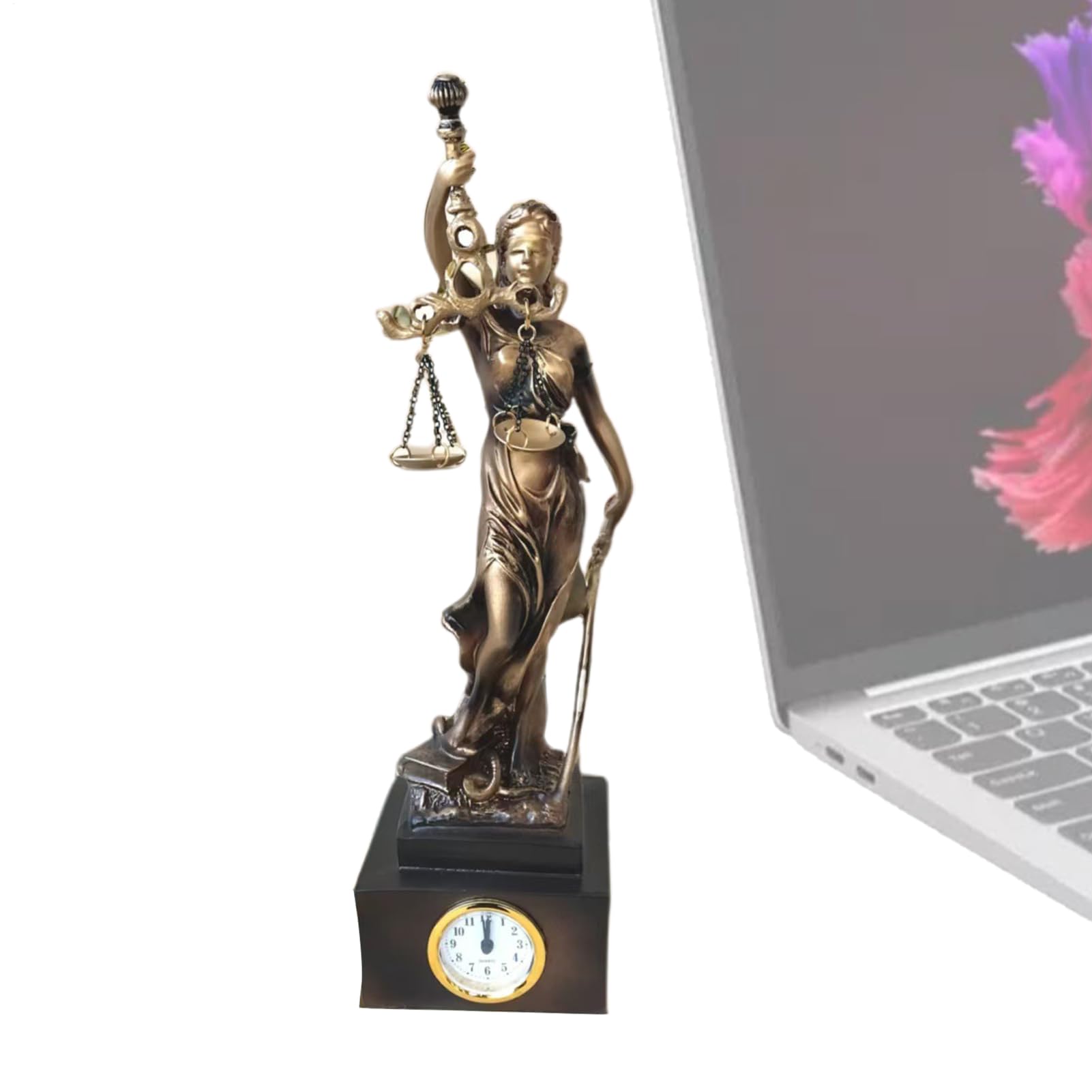 Statue de justice en résine avec horloge de table pour décoration de salon et bureau
