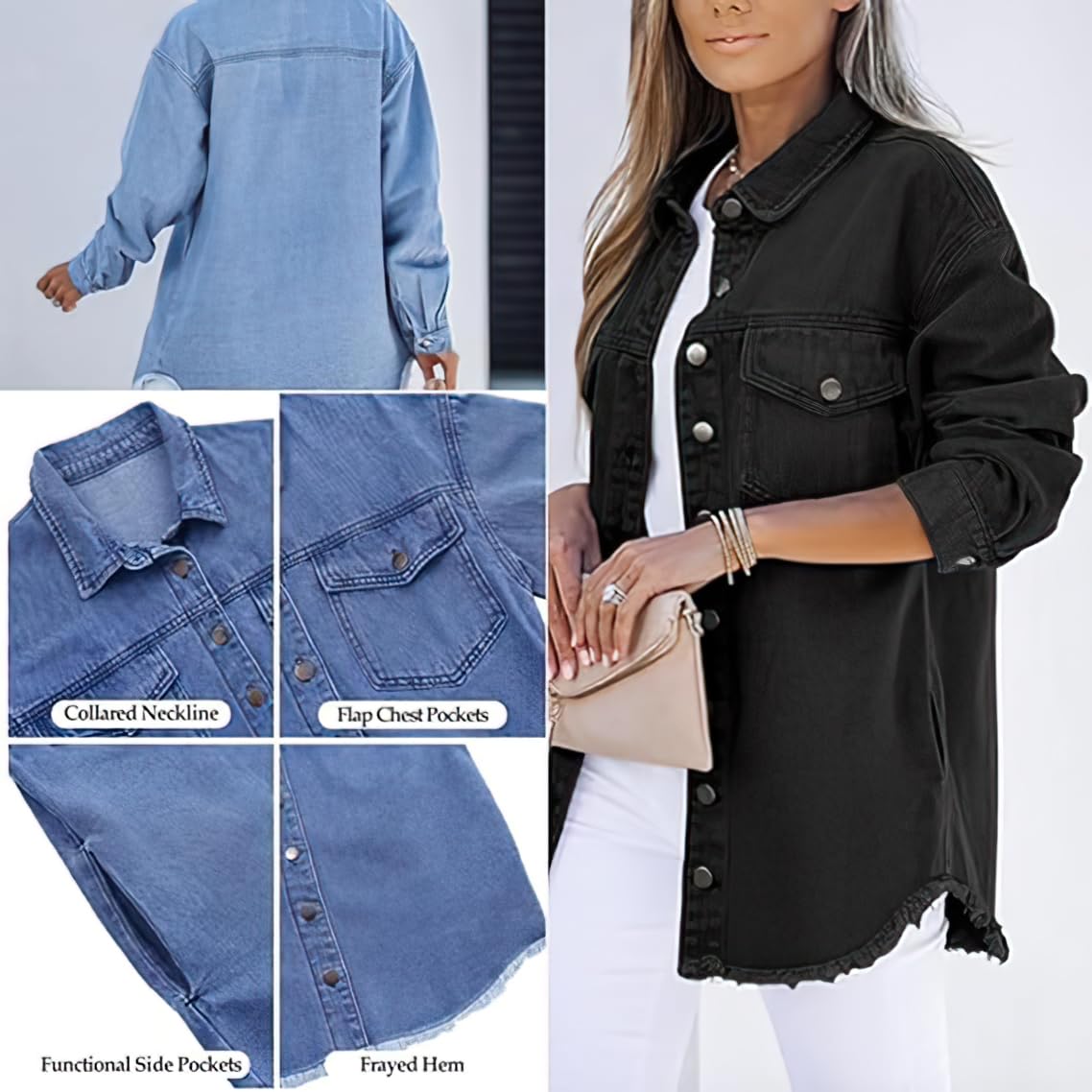 Chaqueta vaquera informal con botones y efecto desgastado para mujer, larga y ligera, extragrande