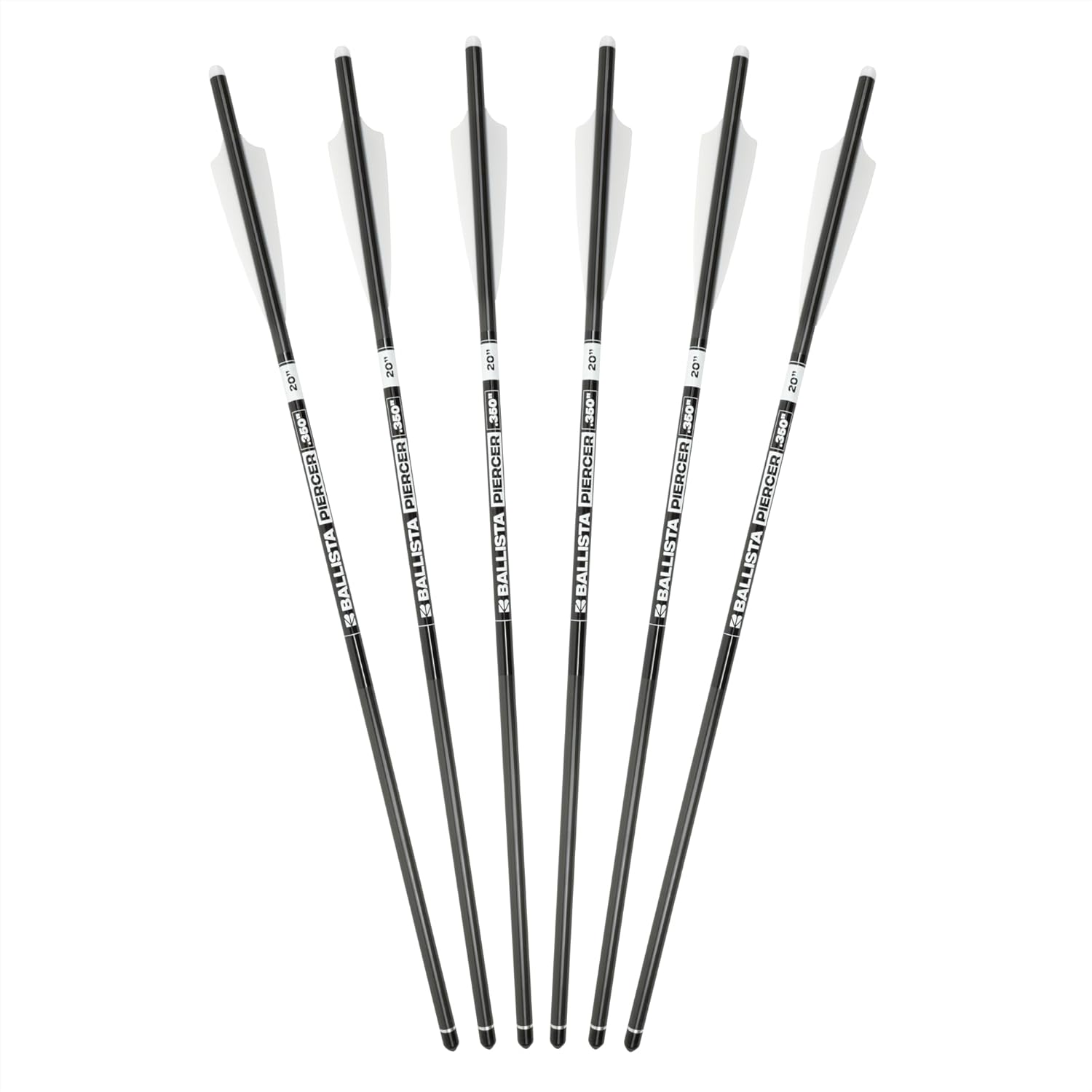 BALLISTA Piercer 20-Inch 2-Vane Crossbow Bolts - Pure Carbon Shaft, 355 Grains, Half-Moon Nock, 100-Grain Changeable Tips, Varnish Coating - Ideal for MEGABAT - Pack of 6