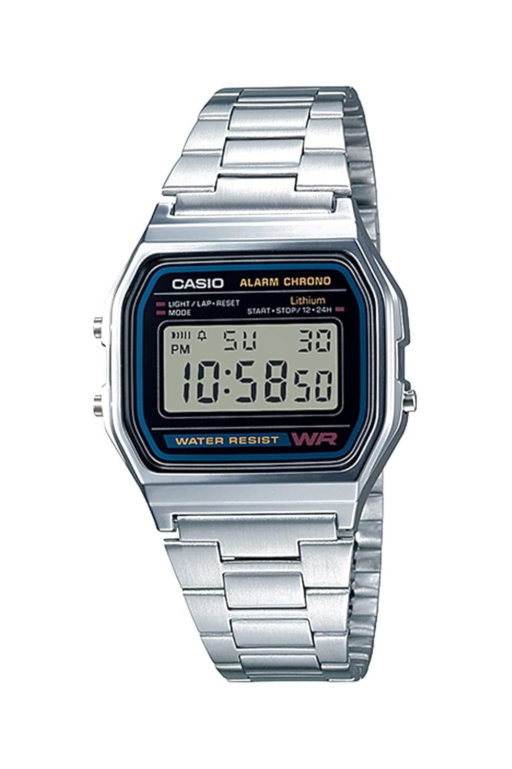 Casio Série A158WA | Relógio digital unissex | Vintage | WR | Cronômetro de 100 SEC | Alarme diário | Tempo regular: hora, minuto, segundo, PM, data, dia | Luz LED | Bateria de…
