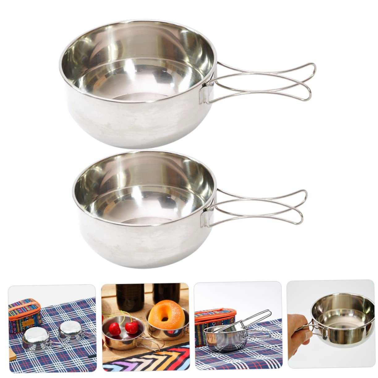 VANZACK Collapsible Camping Bowl Set Stainless Steel Folding Handle Portable Food Bowl for Outdoor