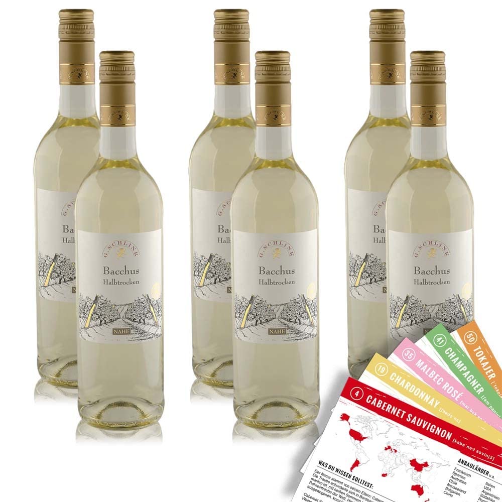 G.Schlink Bacchus QbA, halbtrocken, sortenreines Weinpaket + VINOX Winecards (6x0,75l)