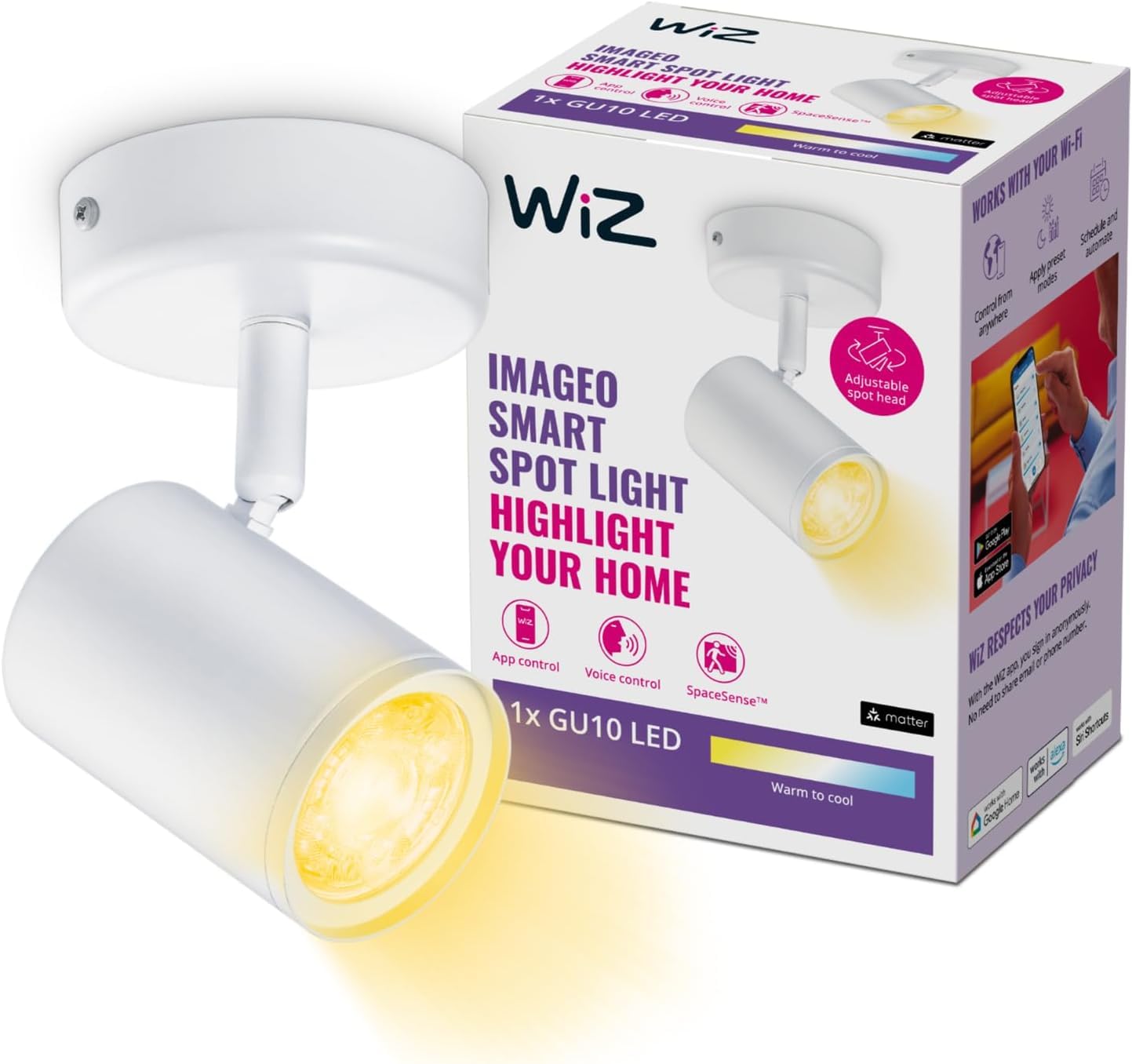 WiZ Tunable White Imageo 1er LED Spot (345 lm), LED Leuchte mit warm- bis kaltweißem dimmbarem Licht, smarte Lichtsteuerung über WLAN per Stimme/App, weiß