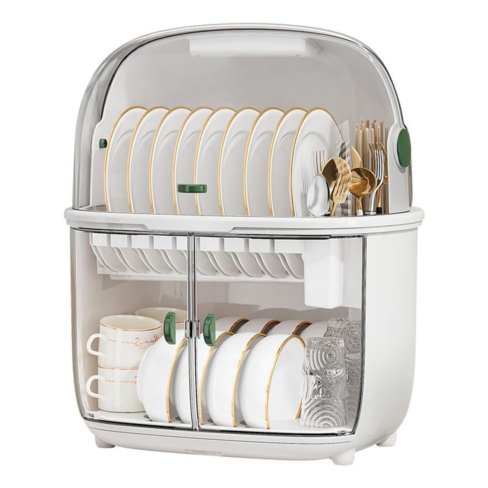 WLH Alexanders 2 Tiers Dish Drying Rack Drain Board with Lid Cover Kitchen Plate Cup Tray Cutlery Drainer Magnetic Suction Door dish rack(Wei�)