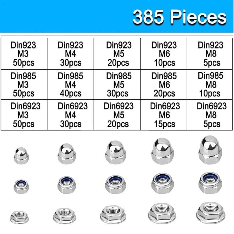 Juego de 385 tuercas hexagonales con brida M3 M4 M5 M6 M8, tuercas ciegas de acero inoxidable 304 con inserto de nylon y tuerca autoblocante.