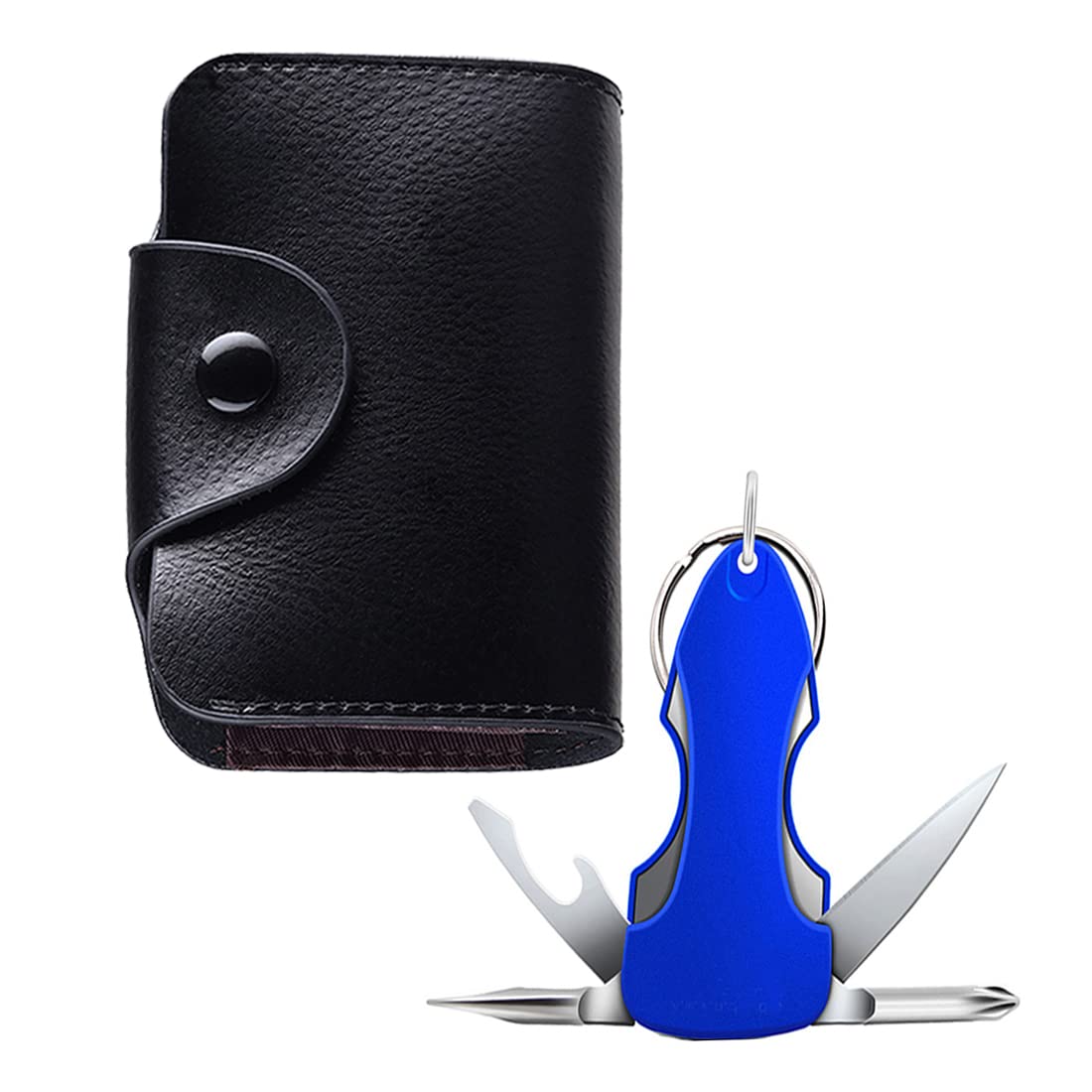 Black Leather Debit/Credit Card Holder with Blue Mutlitool Metal Keychain Unisex (Combo of 2)-image-16