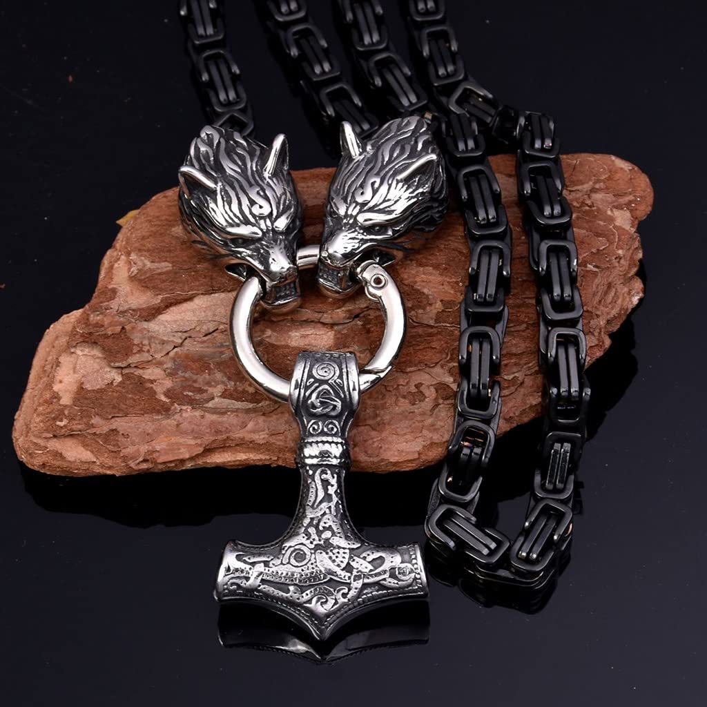 Uomini Mjolnir Collana Norse Gioielli Vichinghi Testa Di Lupo Fenrir Catena Imperatori Bizantini Martello Di Thor Ciondolo Amuleto Un Regalo In Una Scatola Di Legno Valhalla (Color : Style 50, Size - Foto 7