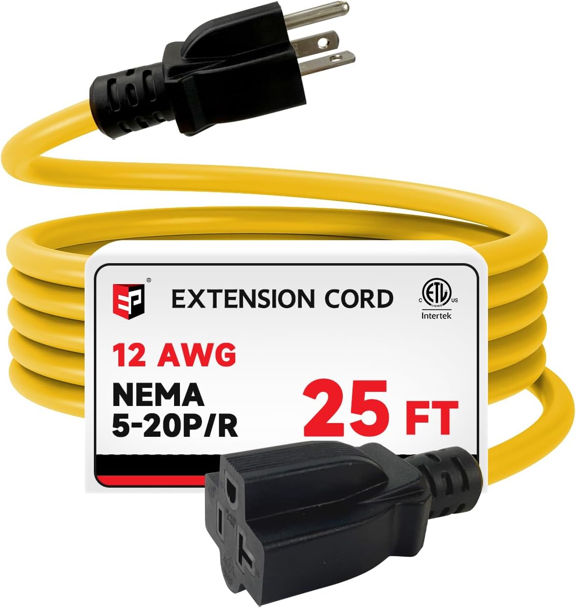 EP 6 Ft 12 Gauge Outdoor Extension Cord with T-Blade Plug, Heavy Duty NEMA 5-20 P/R Power Cord, 20A 125V 12/3 SJTW Cable for Lawn, Garden, Appliance, Yellow