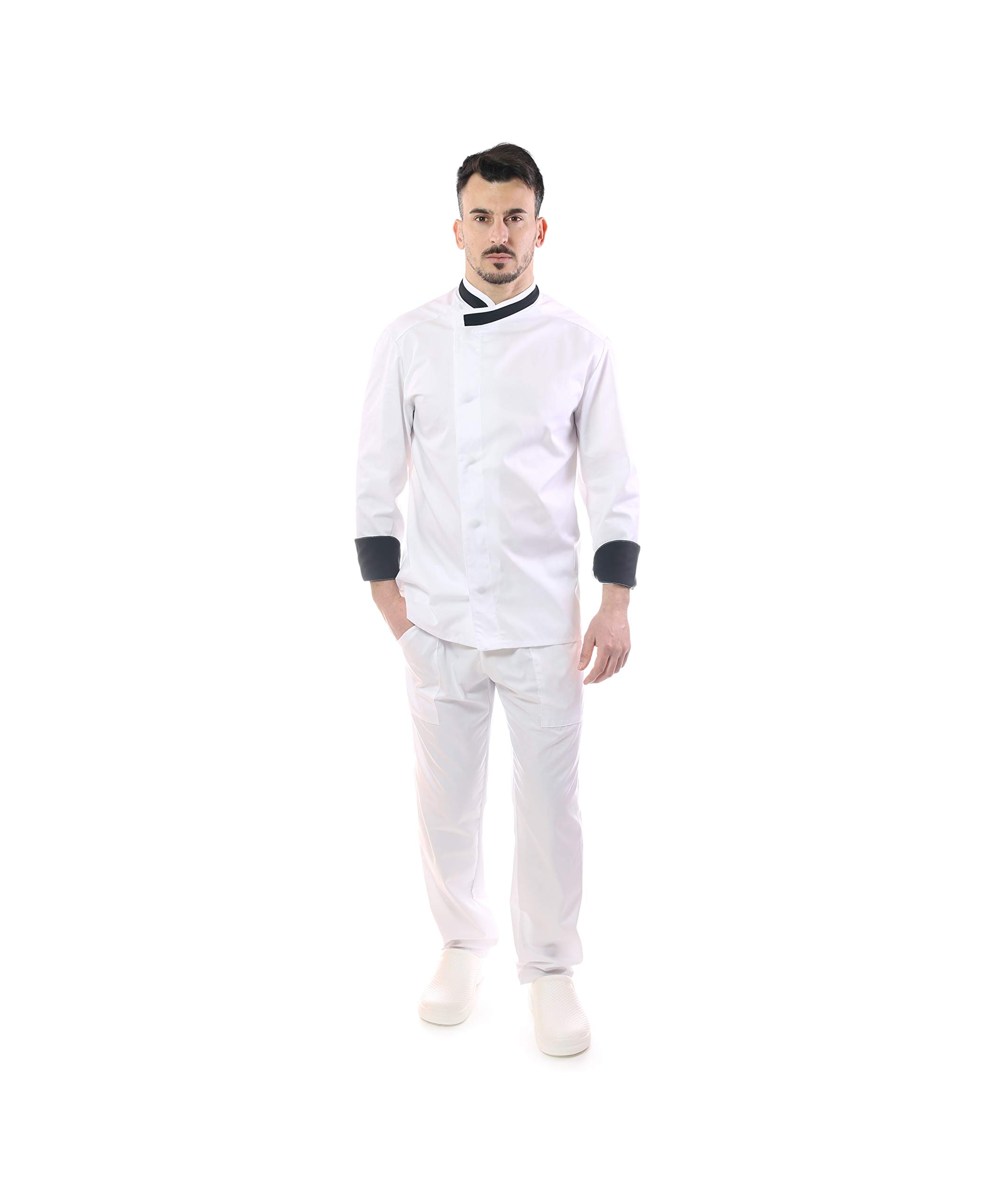 Ricamo Gratuito - Completo Cuoco e Chef Bianco - Profili Neri - Uomo - Doppio Collo - 4 PZ - Giacca, Pantalone, Davantino e Bandana - Divisa per Cucina e Ristorante - Made in Italy