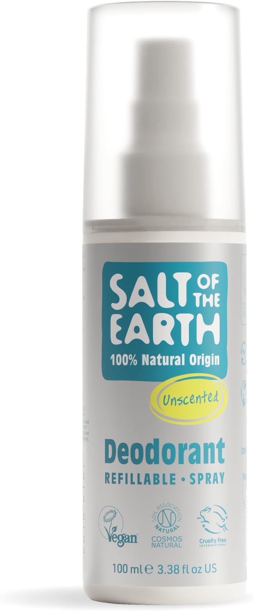 Salt of the Earth - Unscented Refillable Natural Deodorant Spray - 100% Natural Origin Ingredients - Vegan, Long Lasting Protection - 3.38 fl oz