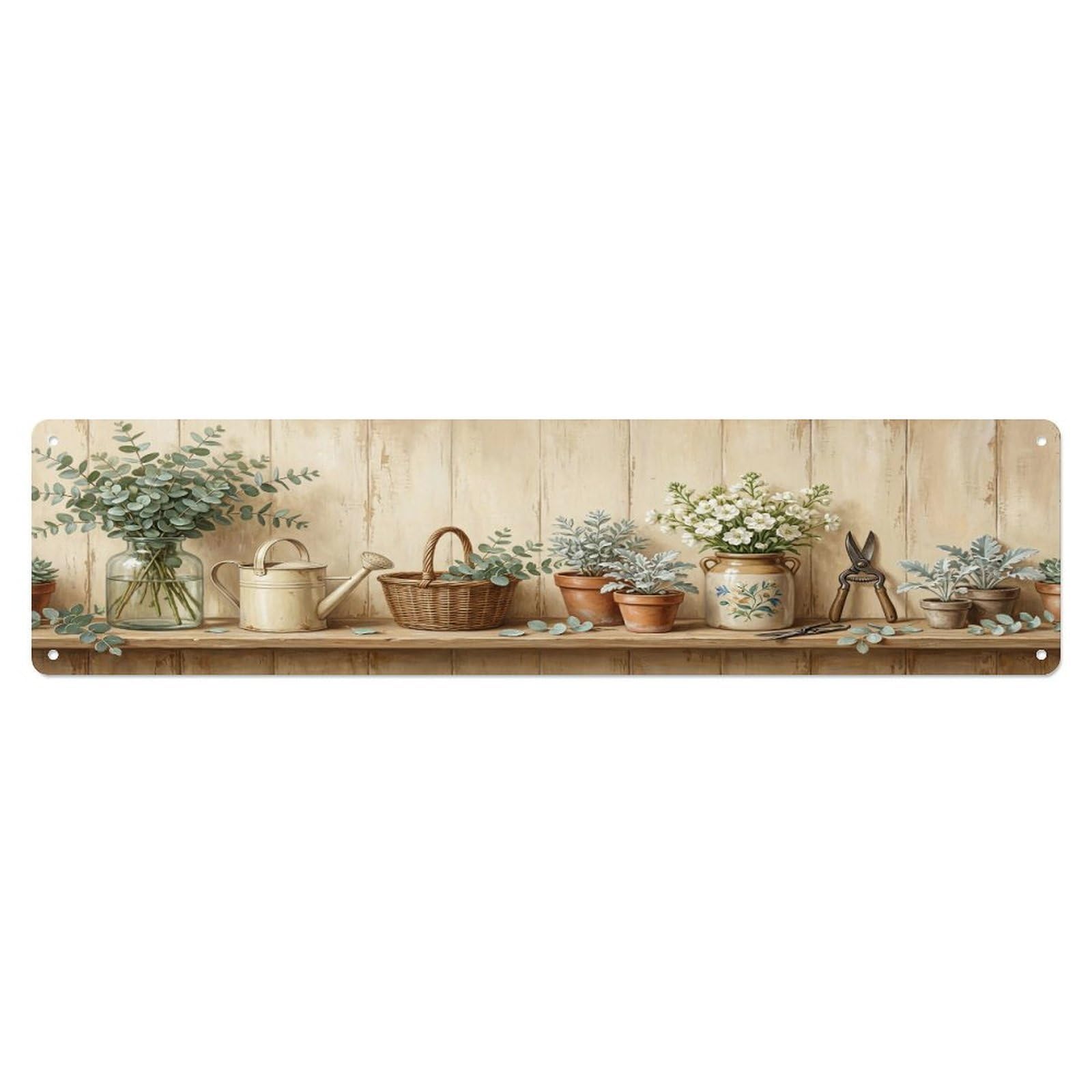 Floral Garden Tools Eucalyptus Vase Pattern Print Metal Tin Sign