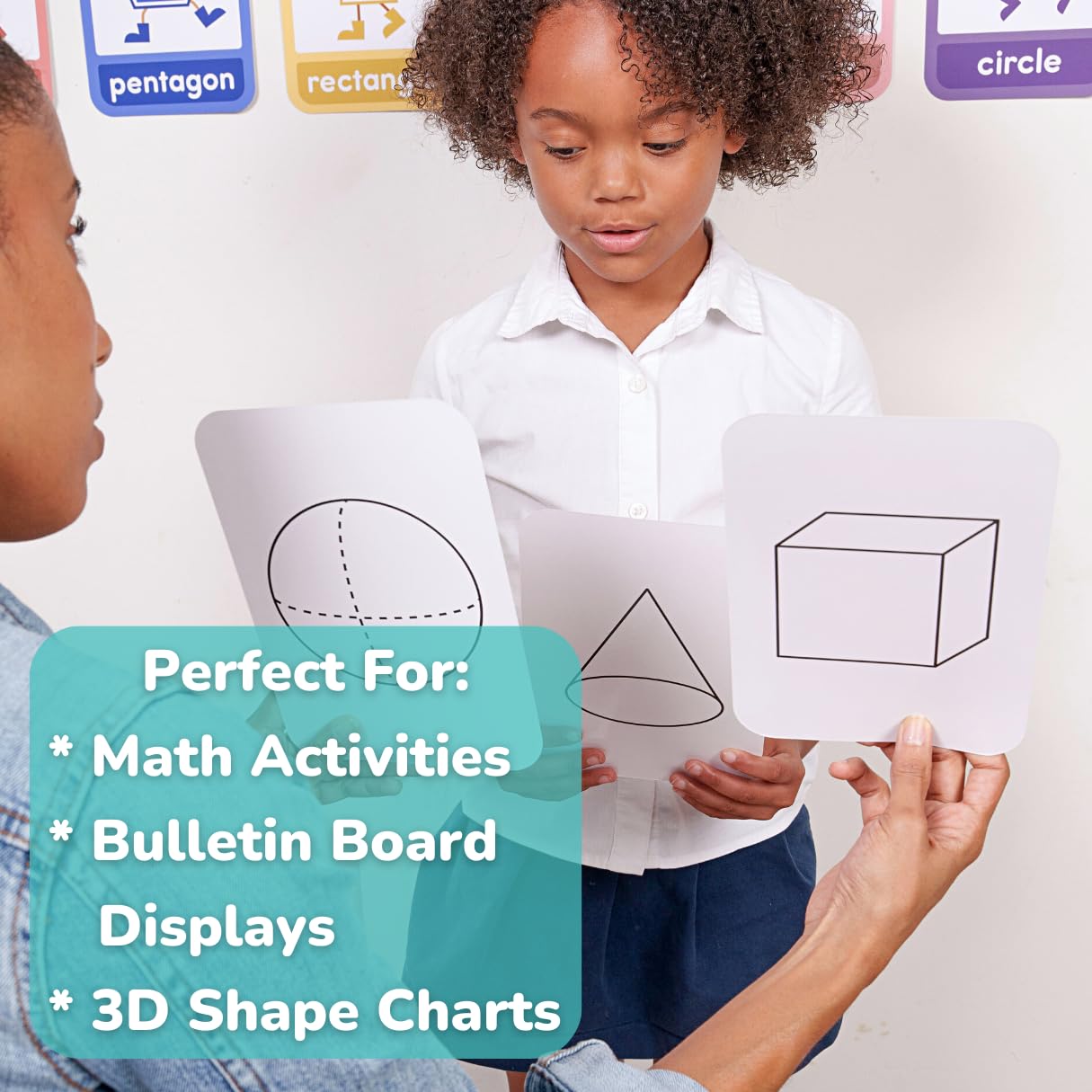 ABSee Me 3D Shape Bulletin Board Set - 7 PCS Reversible Shape Flash Cards Manipulatives for Kindergarten - 3D Shapes for Kids Wall Decor Math Poster - 3 Dimensional Shapes Math Posters for Classroom - Image 6