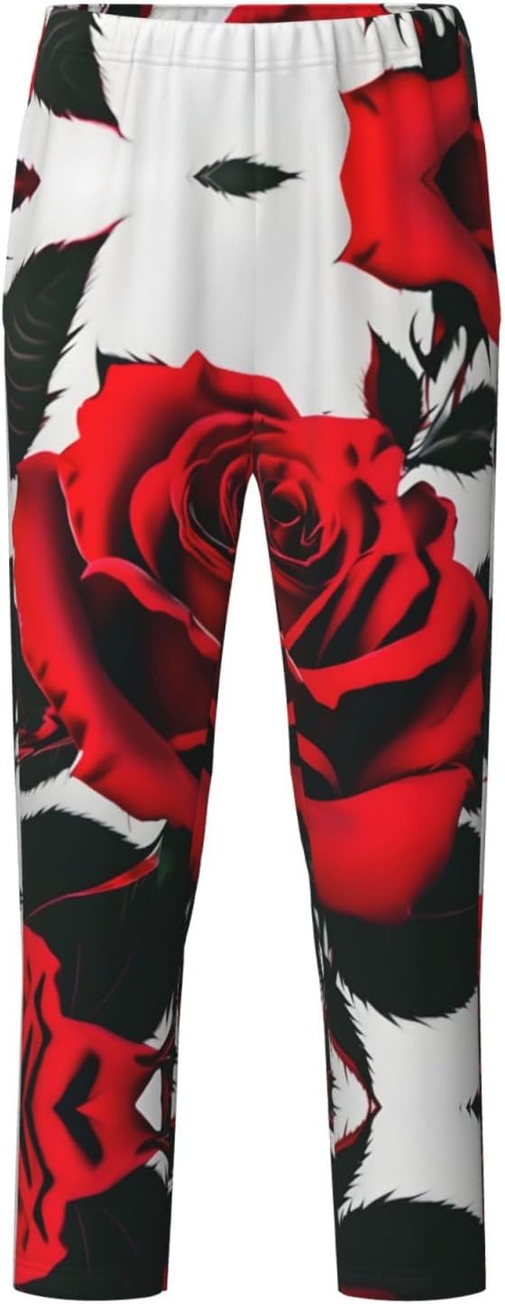 Red Rose Print Cute Pajama Pants,Soft Cotton Feel Sleep Pants In Multiple Sizes And Styles
