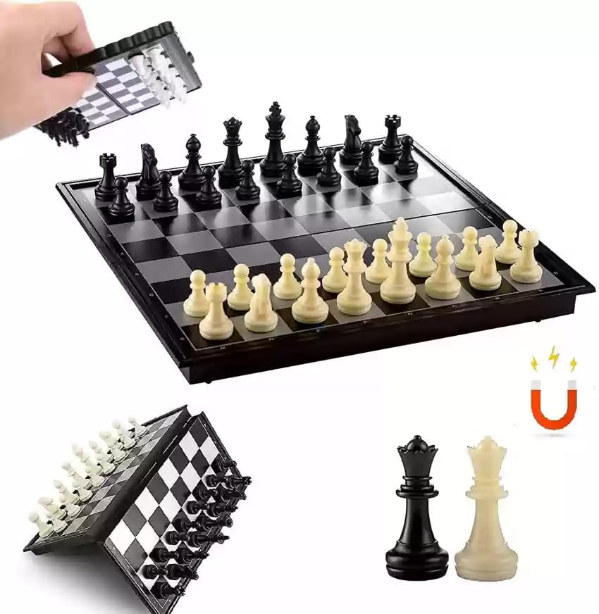 Image of Magnetic Folding Chess Set for Kids & Adults - Portable Travel Chess Board Game with Strong Magnetic Pieces, Educational Strategy Game with Storage - ABS Plastic, Black & White Design