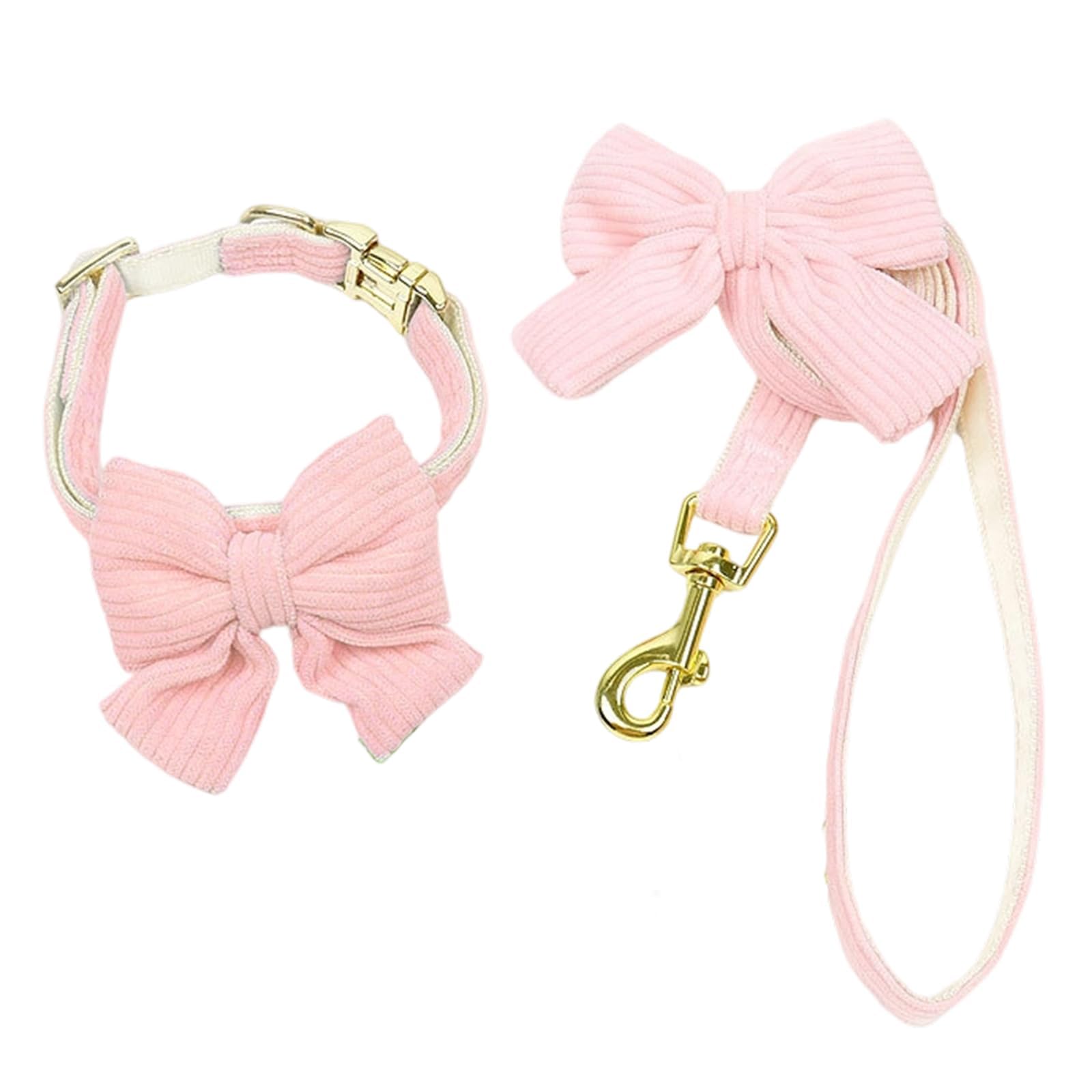 Pink Velvet Dog Leash & Collar Set with Bowtie, Adjustable 9''-13'' for Small Medium Puppy Dogs, Metal Buckle, 5FT Lead, Stylish for Daily Walks & Pet Photoshoots (Pink, S)