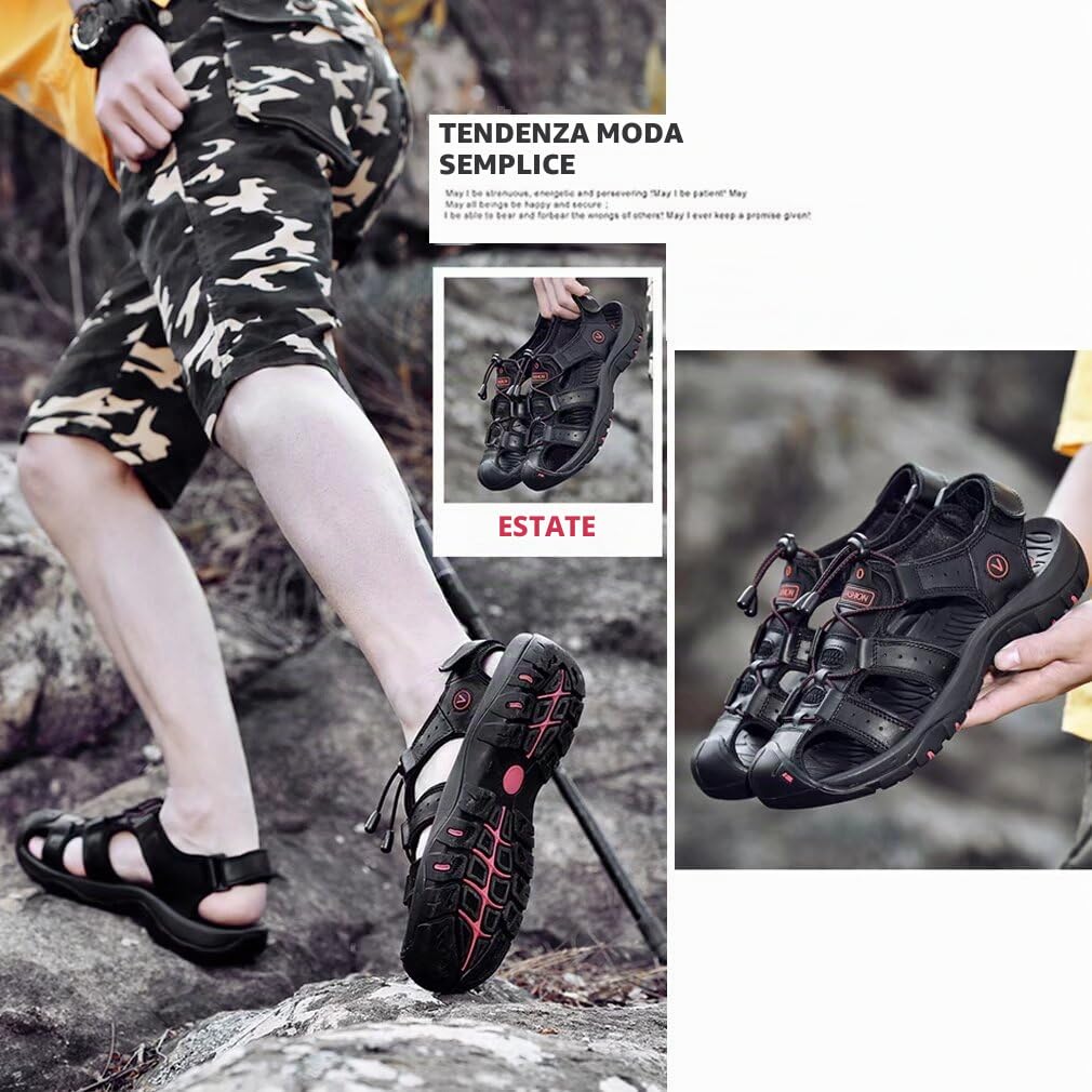 Sandali Sportivi Scarpe Estivi da Spiaggia per Uomo all'aperto Trekking Traspirante da Pescatore in Pelle Sandalo Acqua Nero 42
