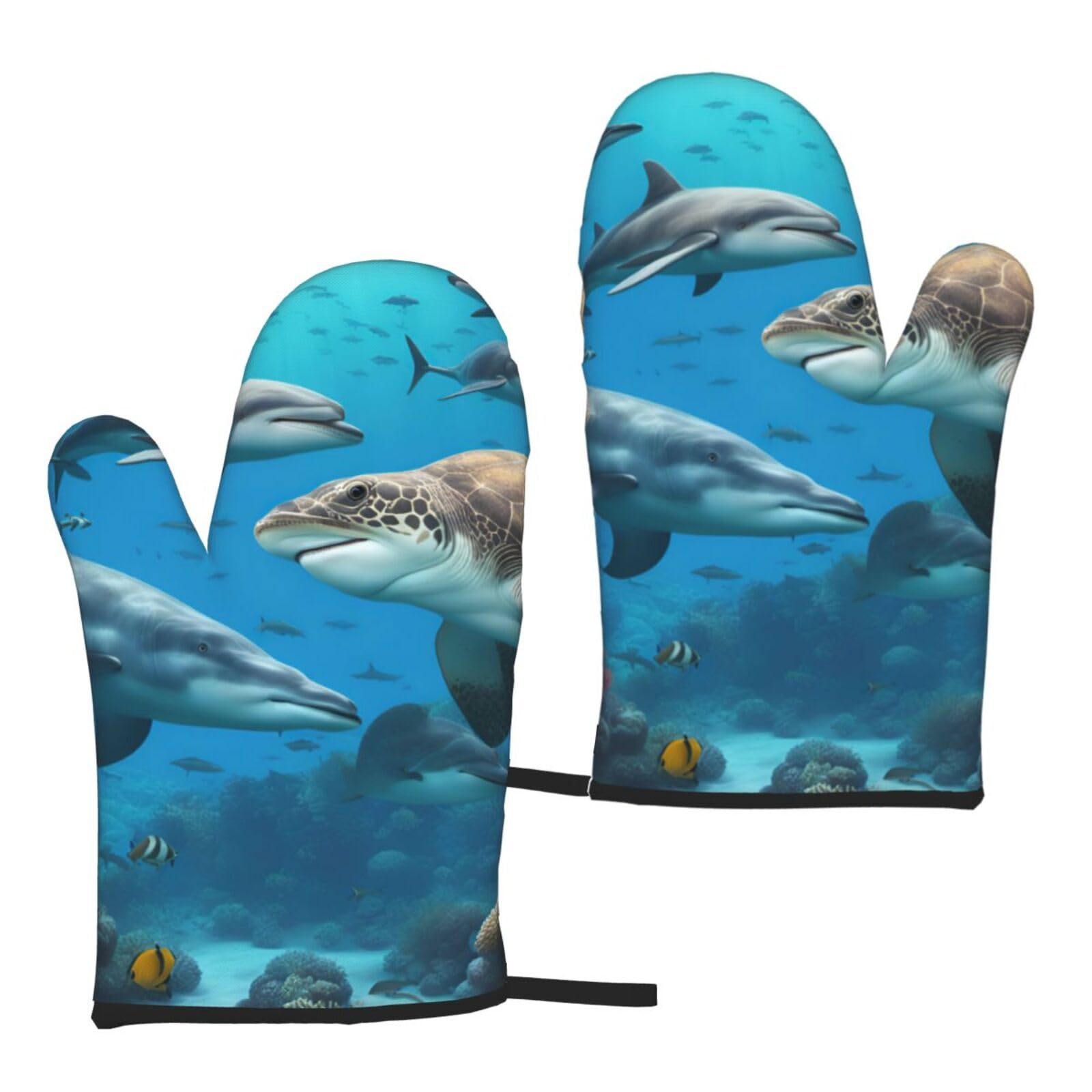 Dolphins Sea Turtle Shark Octopus Coral Reef Print Women Men Universal Fit Heat Resistant Oven Gloves Cooking Grilling Indoor Outdoor