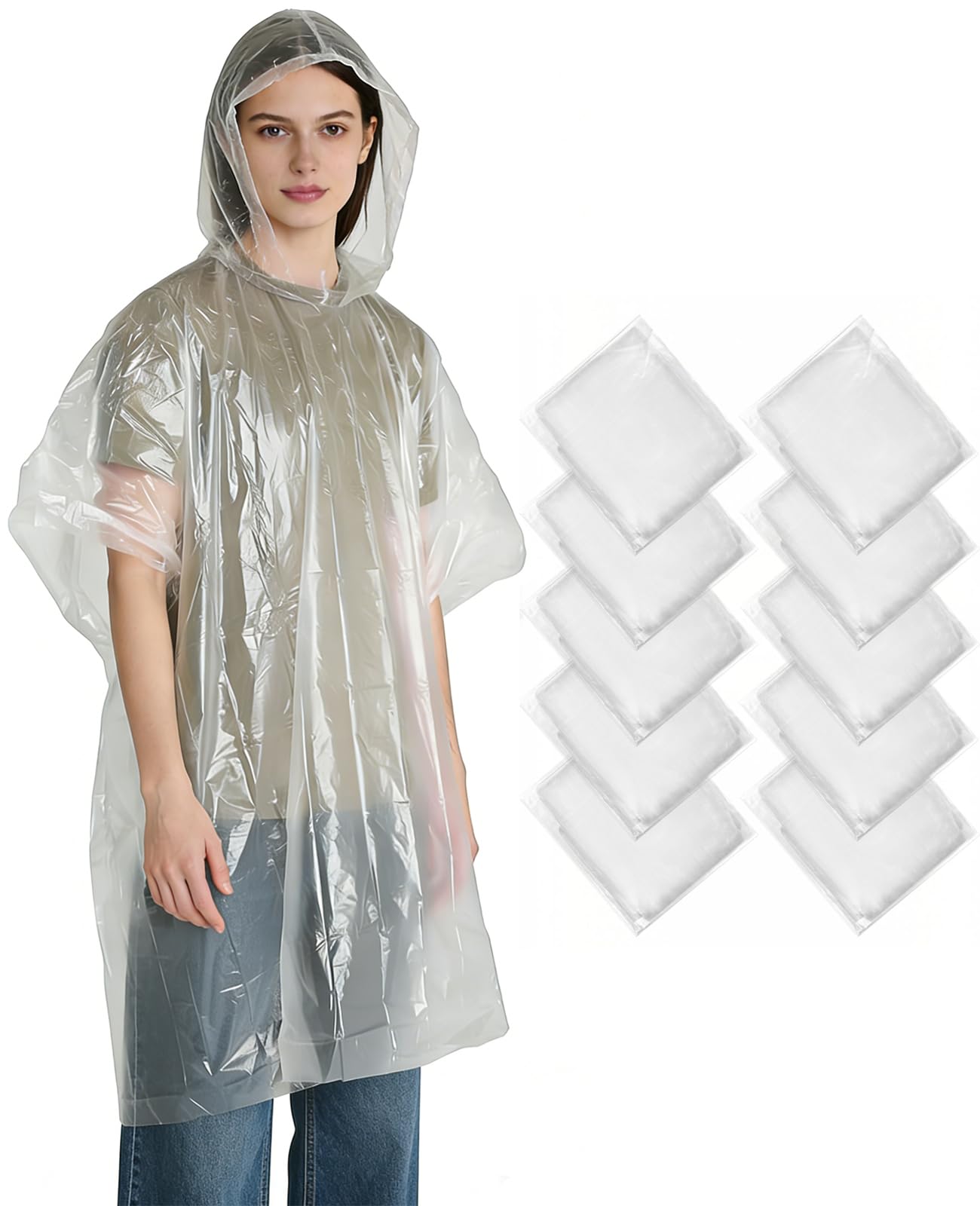 Lot de 5/10 ponchos de pluie, jetables, transparents, pour homme et femme, 100% imperméable, avec capuche, plus léger pour la randonnée, le camping et les voyages, poncho d'urgence