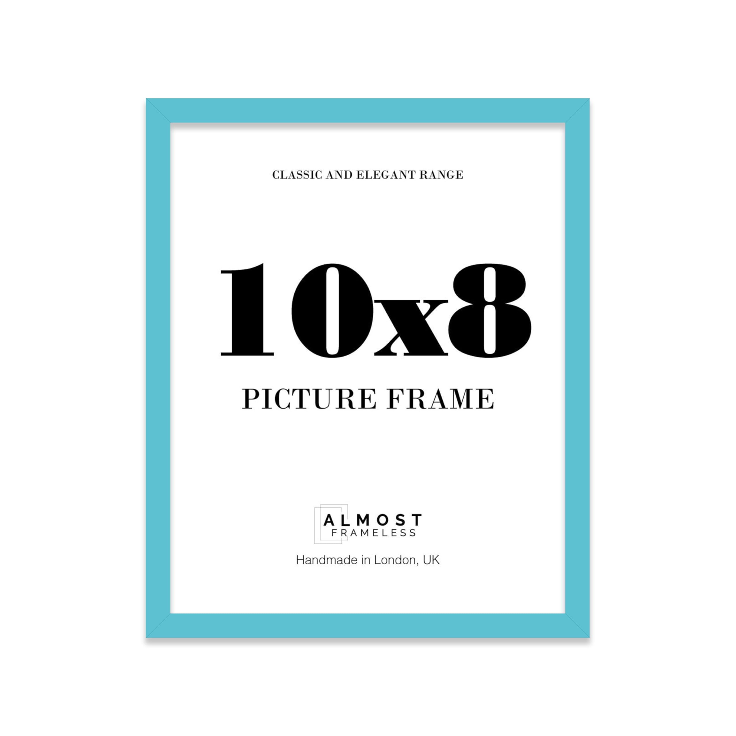 Almost Frameless 10x8 Turquoise Picture Frame 10"x8"(25.4x20.3cm) Poster, Photo, Artwork, or Print. Thin Edge Slim Frame Portrait and Landscape Display with Wall Hooks