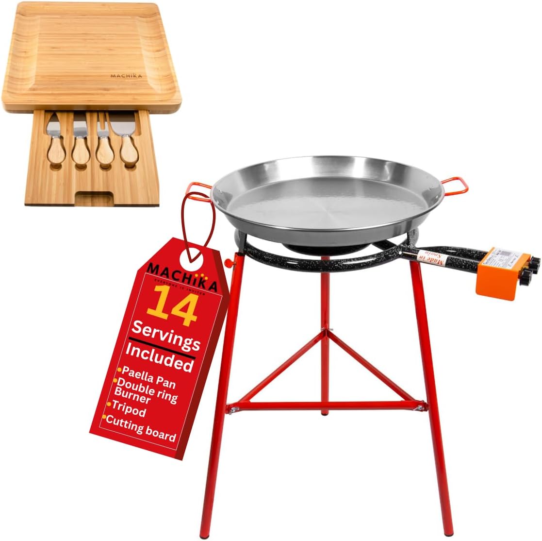 Machika Tabarca Paella Kit with 22in 55cm Carbon Steel Pan & Cutting Board | Garcima 8-16 in Double Ring Paella Burner and Stand Set (33 in) | Perfect for Events, Caterings, Birthdays, Camping