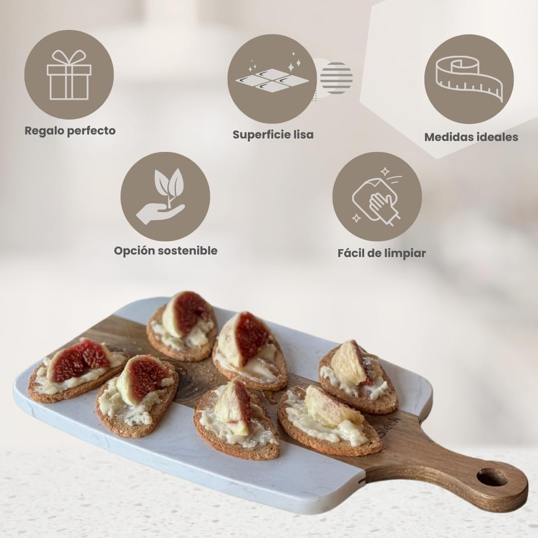Tabla de Cortar Quesos y Charcutería con Cubiertos, Material: Madera de Acacia Antibacterial, mármol cultivado, Acero Inoxidable. Set Completo en una Caja de Regalo Elegante