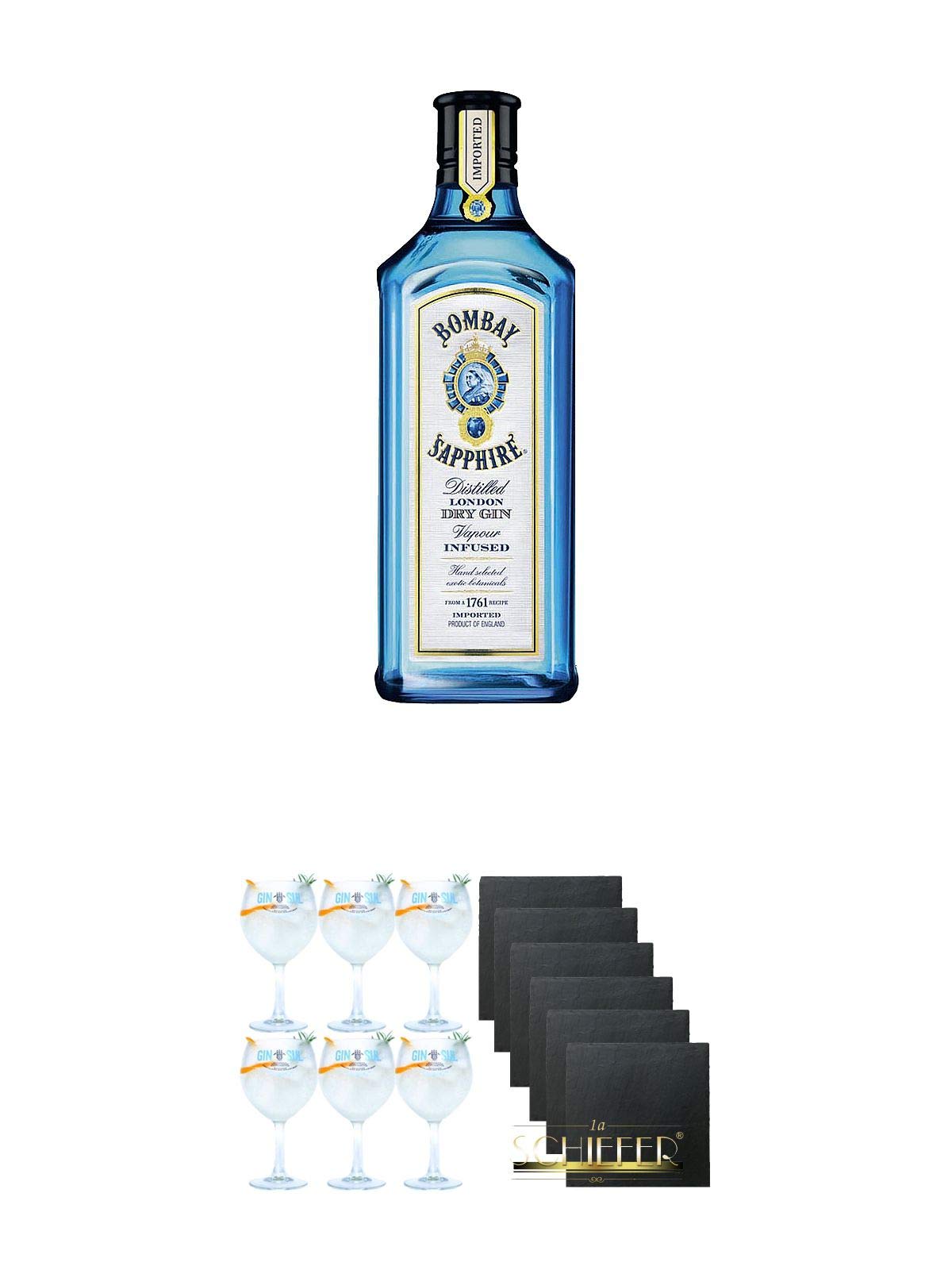 Bombay Sapphire Gin 1,0 Liter + Gin Sul Copo Ballon Glas 6 Stück + Schiefer Glasuntersetzer eckig 6 x ca. 9,5 cm Durchmesser