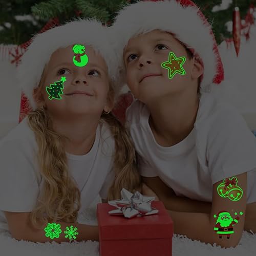 Miniatura 6 de Tatuajes temporales de Navidad que brillan en la oscuridad para suministros de fiesta de niños, 74 hojas individuales, tatuajes luminosos de Navidad