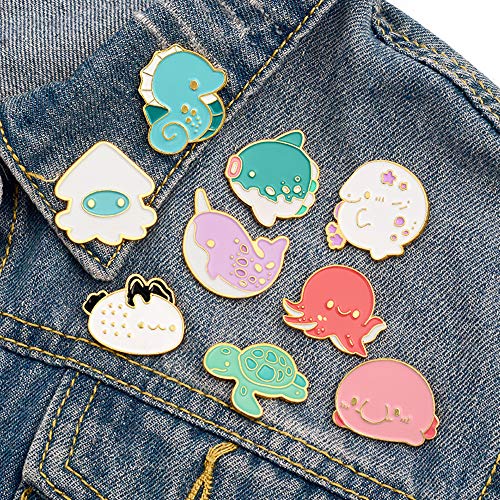 ROFARSO Sea Animal Enamel Lapel Pin Set Cartoon Marine Life Pin, Whale/Sea Turtle/Octopus/Hippocampus/Fish Accessory for Backpacks Clothing Bags Hats Shirts (9pics pin set)4