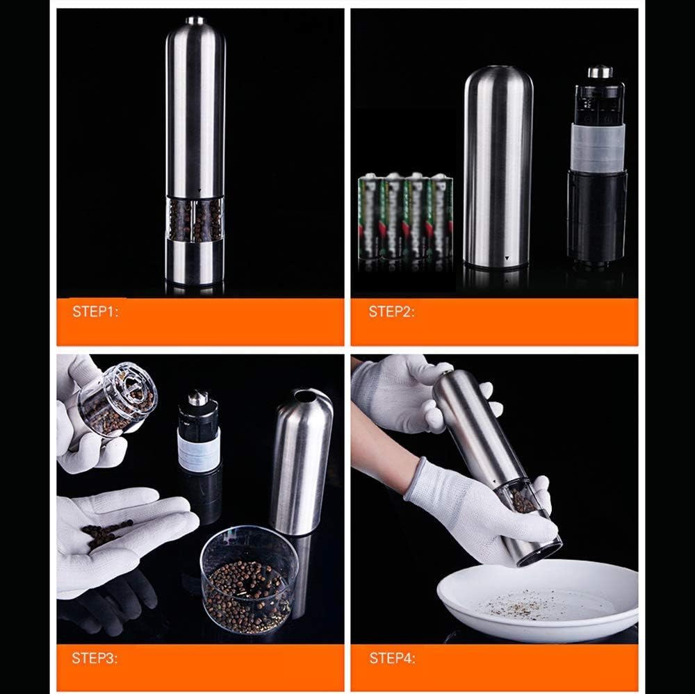 Salt and Pepper Grinders Battery Operated Salt and Pepper Mills, Electric Grinder Set, Adjustable Coarseness Brushed Stainless Steel 2 Packs.