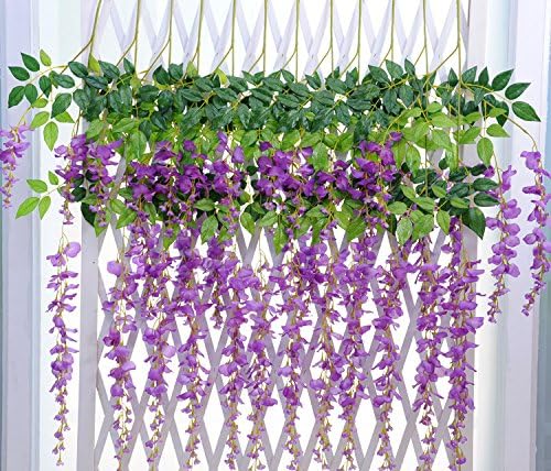 Damene 3.6 Ft Realistic Romantic Classic Artificial Fake Wisteria Vine Ratta Silk Flowers for Garden Floral Decoration DIY Living Room Home Party Wedding Simulation Decor (Grape Purple,12 Pcs)