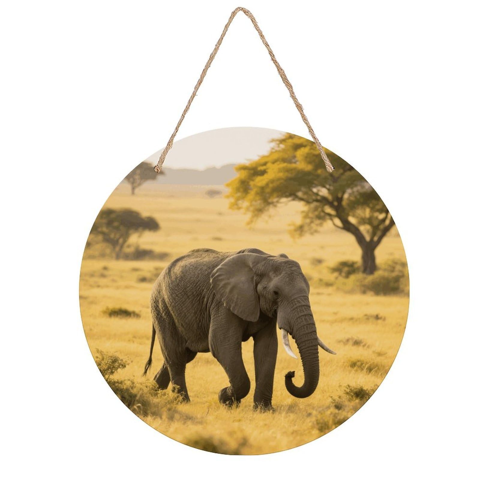 VstaDank Elephant Wall Decor Round Wood Hanging Sign 7.9x7.9 in Wooden Circle Door Hanger with Ropes, Rustic Wall Art Decor for Home Front Door Indoor Outdoor Decoration