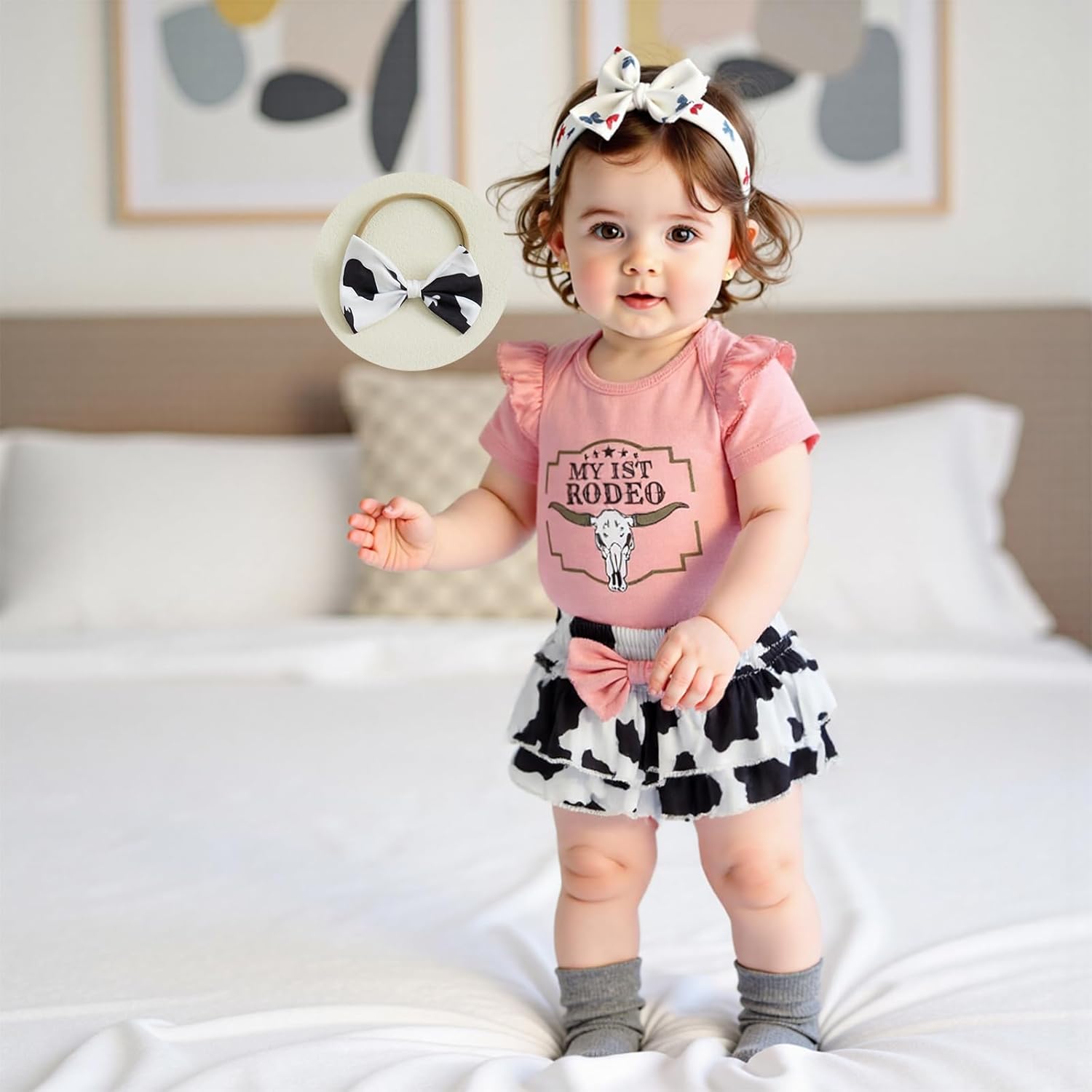 Western Baby Girl Clothes Cowgirl My 1st Rodeo Ruffle Romper Shirt Cow Print Bloomer Shorts 3Pcs Coming Home Outfit - Image 4
