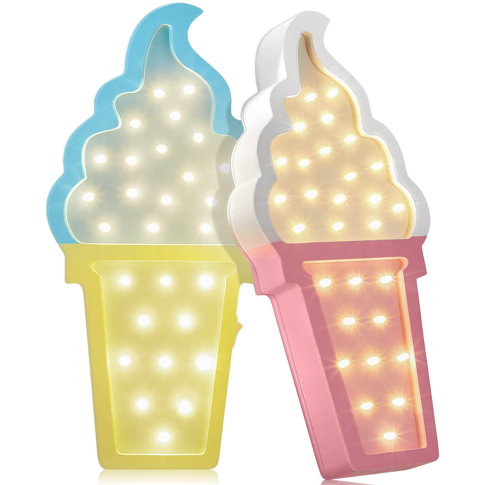 Mudder 2 Pcs Ice Cream Decor Wooden LED Night Light Romance Atmosphere Light Ice Cream Theme Party Lamps Battery Operated LED Night Lights for Spring