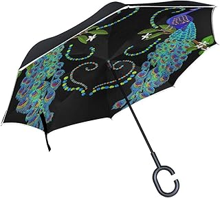 rodde Doble Capa Pavo Real invertido Pareja Pájaros Paraguas Autos Reversa A Prueba de Viento Paraguas de Lluvia para el automóvil al Aire Libre con Mango en Forma de C