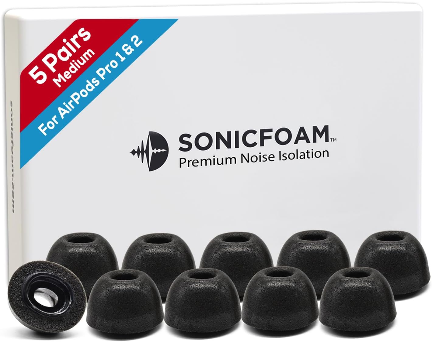 SONICFOAM (SFAir-1-2 Pro Medium Black) Memory Foam Earbud Tips - Compatible with AirPods Pro 1st & 2nd Gen - (10 Pack / 5 Pairs)