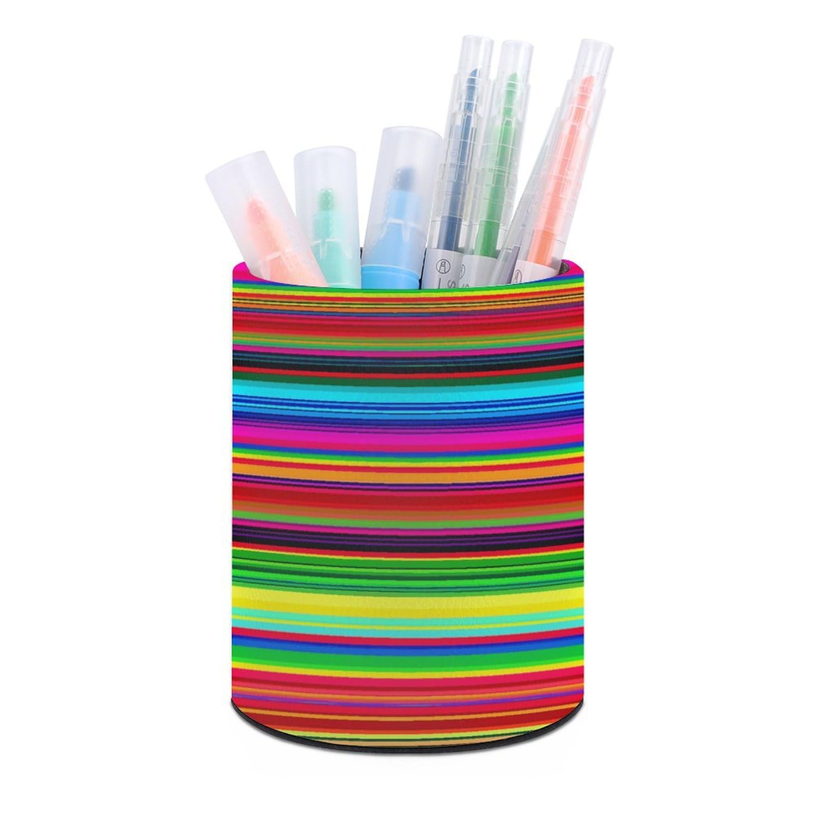 FekiLoot Round Leather Pen Holder - Multipurpose Desk Organizer, Modern Pencil Cup, Colorful Mexican Stripes Pencil Holder, Unique Makeup Brush Holders for Office Home Supplies & Gifts